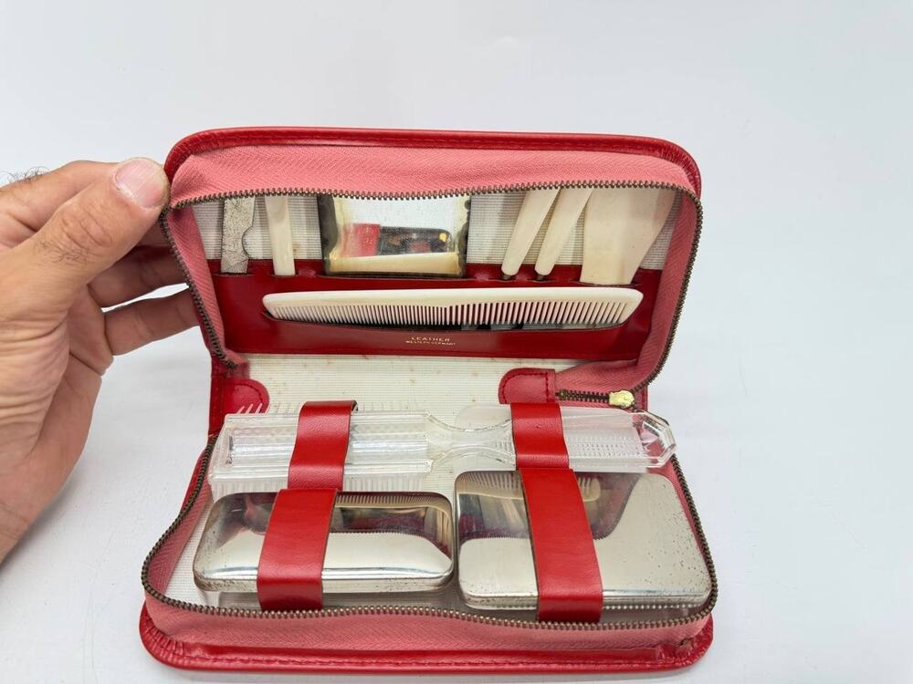 Vintage West Germany Red Leather Travel Grooming Toiletry Kit Comb Mirror AS IS